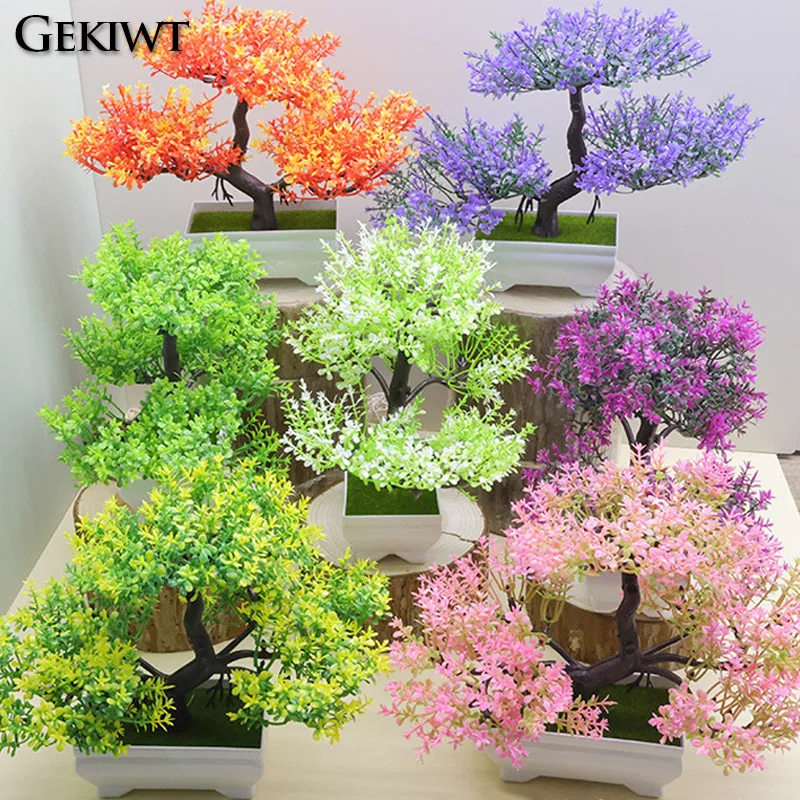 Bonsái de plantas artificiales, árbol simulado en maceta, tres bifurcados, pequeño árbol de pino verde, adornos en maceta para mesa de oficina en casa
