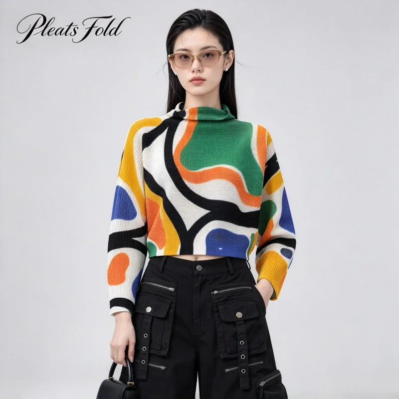 Miyake Pleated 2026 Top Autumn Women's High-end Corn Grain Fashion Casual Printed Pullover Loose Fit Versatile T-shirt Pleat