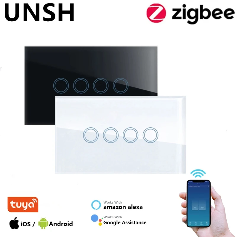 

Умный выключатель света Tuya ZigBee WiFi, 1/2/3/4-клавишный, сенсорное управление, с нейтральным проводом, работает с Alexa, Google Home, приложением Smart Life