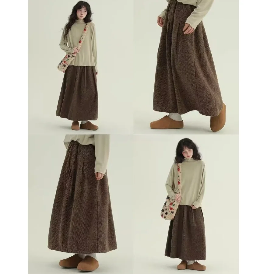 클래식 A라인 울 스커트 캐주얼 다용도 나이를 잊게 하는 슬림핏 단색 버튼 밴딩 허리 출퇴근용 롱 스커트