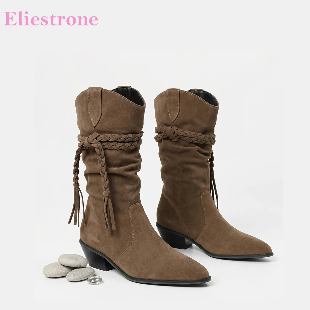 2026 Winter Leisure Women Mid Calf Boots Braided High Chunky Heels Oversized Lady Casual Shoes Large Plus Size 13 44 50