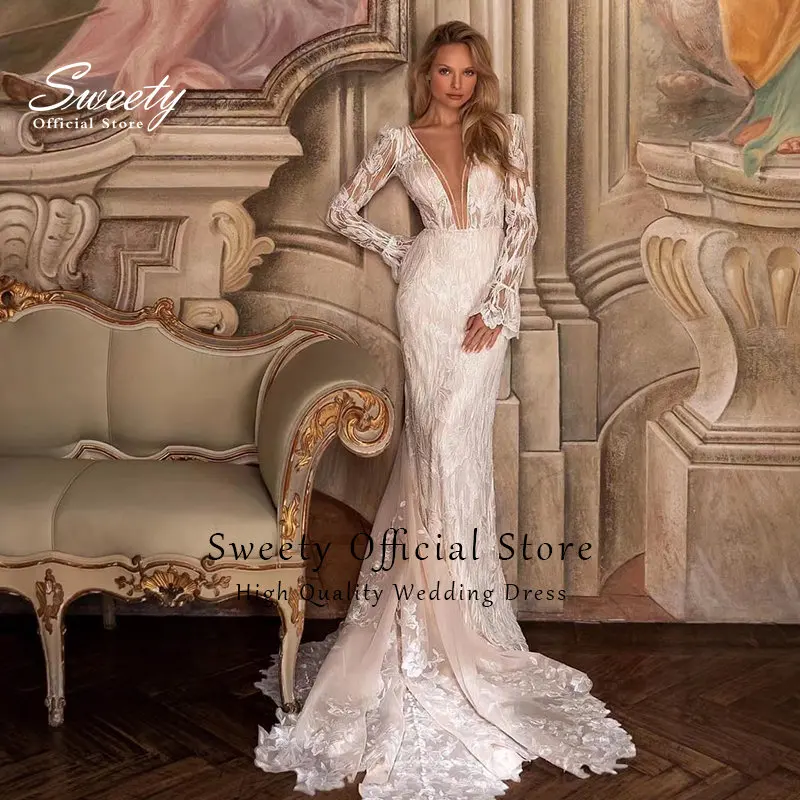 Elegantes Meerjungfrau-Hochzeitskleid aus Organza mit Stickerei, Spitze, Ballkleid, O-Ausschnitt, volle Ärmel, Brautknopf, Vestido De Novia, individuell gestaltet