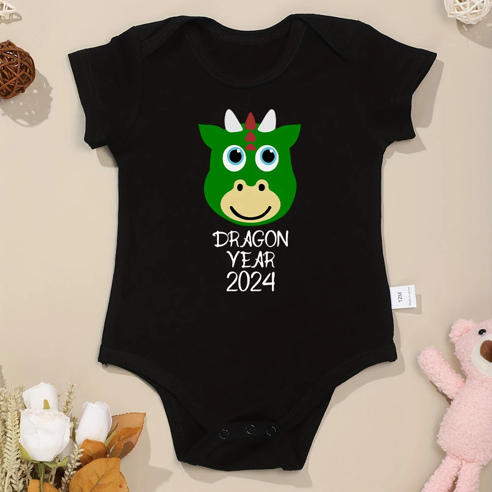 Dragon Year 2024 Cartoon Cute Baby Boy Onesie Black Short Sleeve Home Newborn Girl Clothes Cotton Romper High Quality Fabric