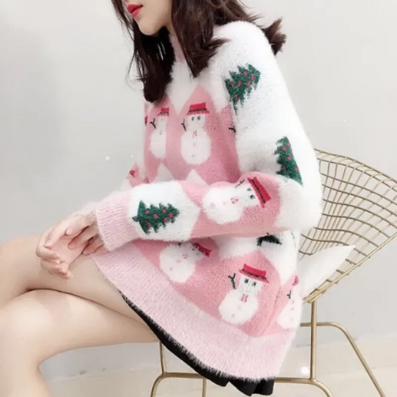 Christmas Style Kawaii Print Women Mink Cashmere Sweater Oversize O Neck Korean Sweet Knitted Y2k Sueter Mujer Pullovers