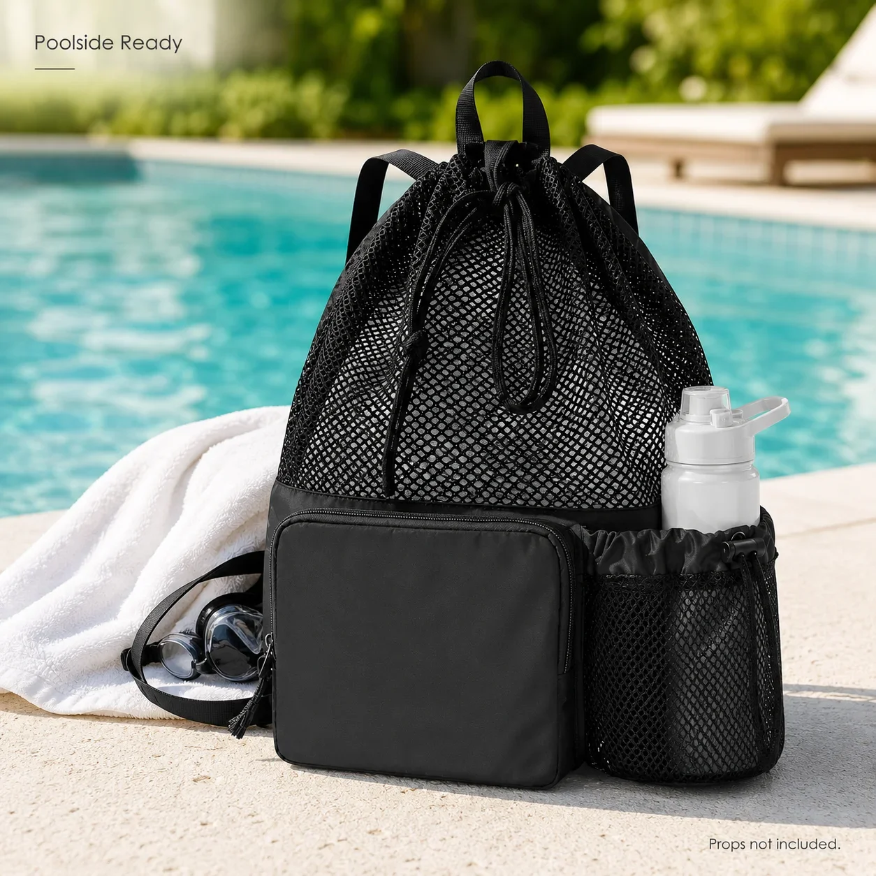 Breathable Mesh Backpack for Beach Pool Gym Lightweight Drawstring Sports Bag Travel Pack with Front Pocket and Bottle Holder
