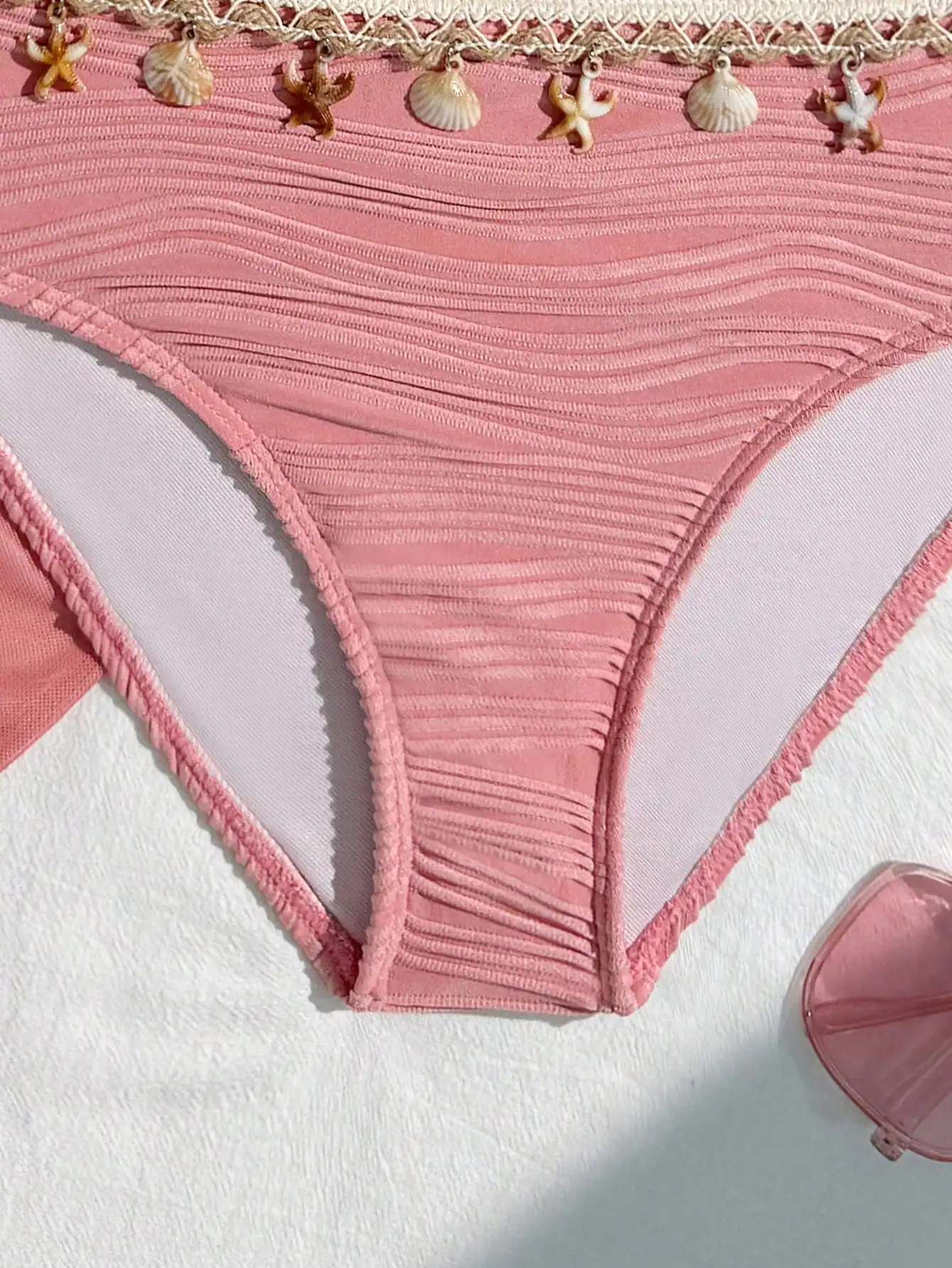 

Pink Ribbed Bikini Set With Shell And Starfish Trim Beachwear