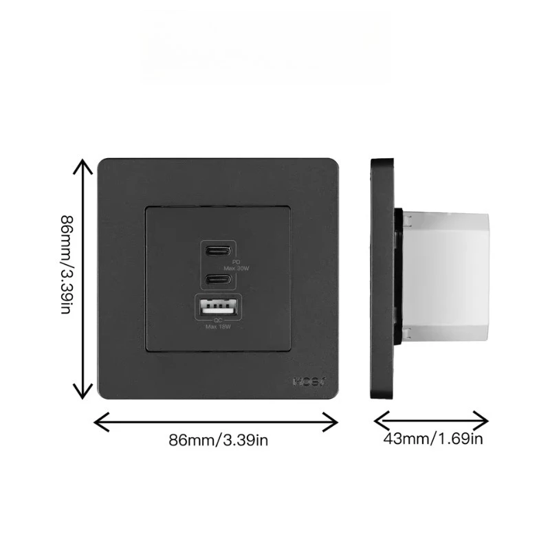 30W Fast Charging Wall Outlet Star Ring Series PD3.0 GaN Socket 3 Ports Type-C USB-A OverTemp Protection No Display Screen