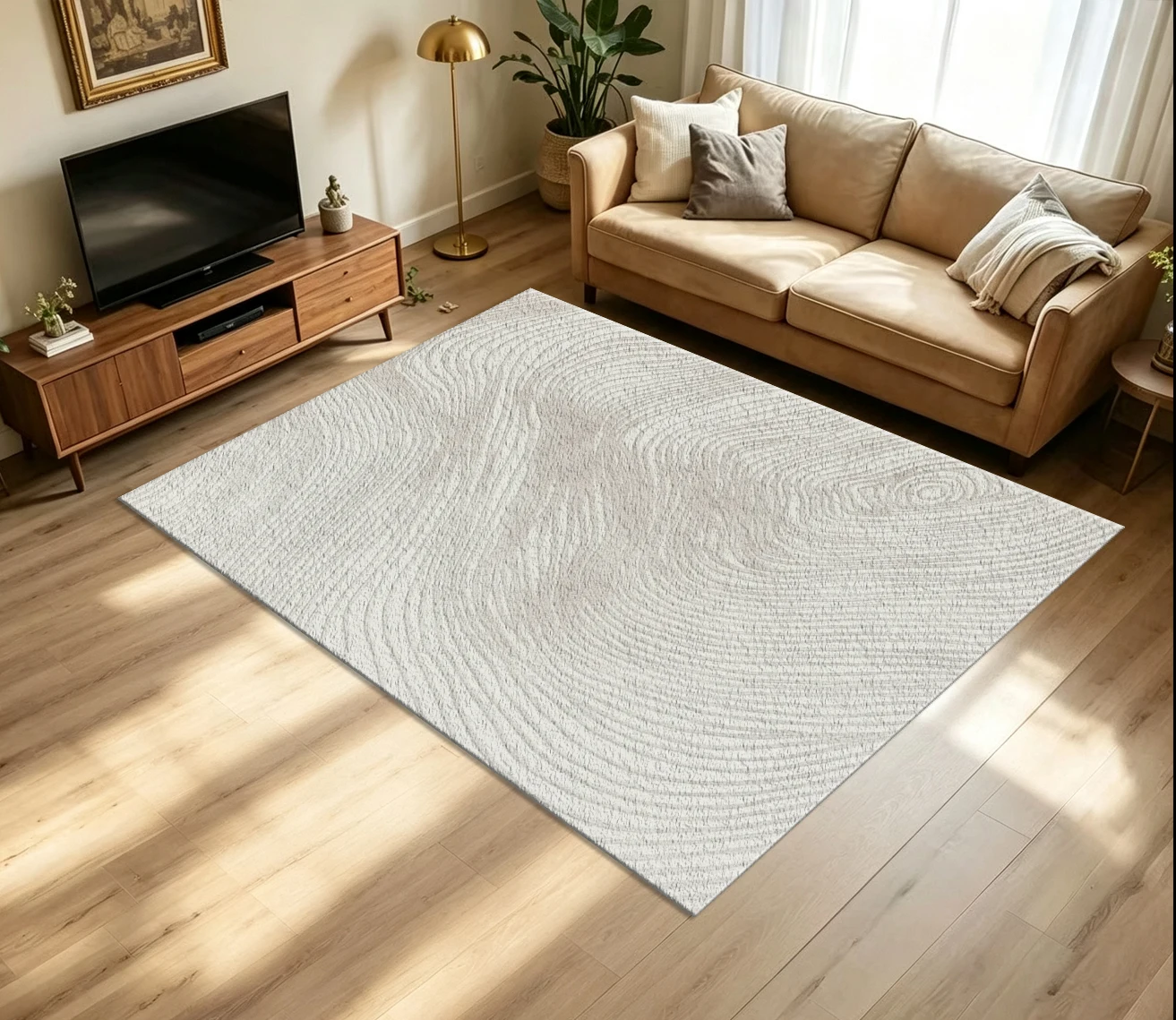 Off‑White Light Beige Wood Grain Curve Carpet Flooring Imitation Texture Large Area Rug for Minimalist Home Decor