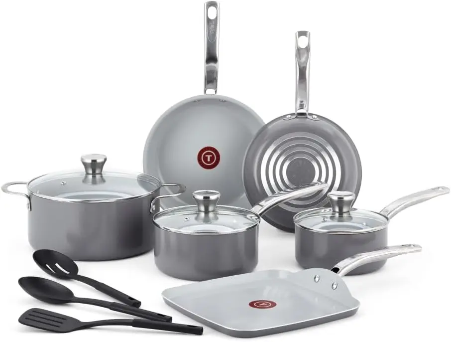 

Fresh Gourmet 12-Piece Recycled Ceramic Nonstick Cookware Set, Oven-Safe to 500°F, Grey