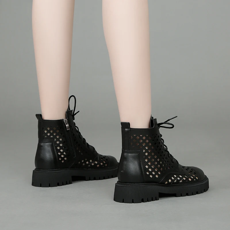 أحذية مارتن نسائية صيفية قصيرة ذات قاعدة مسطحة ومجوفة وقابلة للتنفس، مصنوعة من الجلد الطبيعي بأسلوب بريطاني من جلد البقر