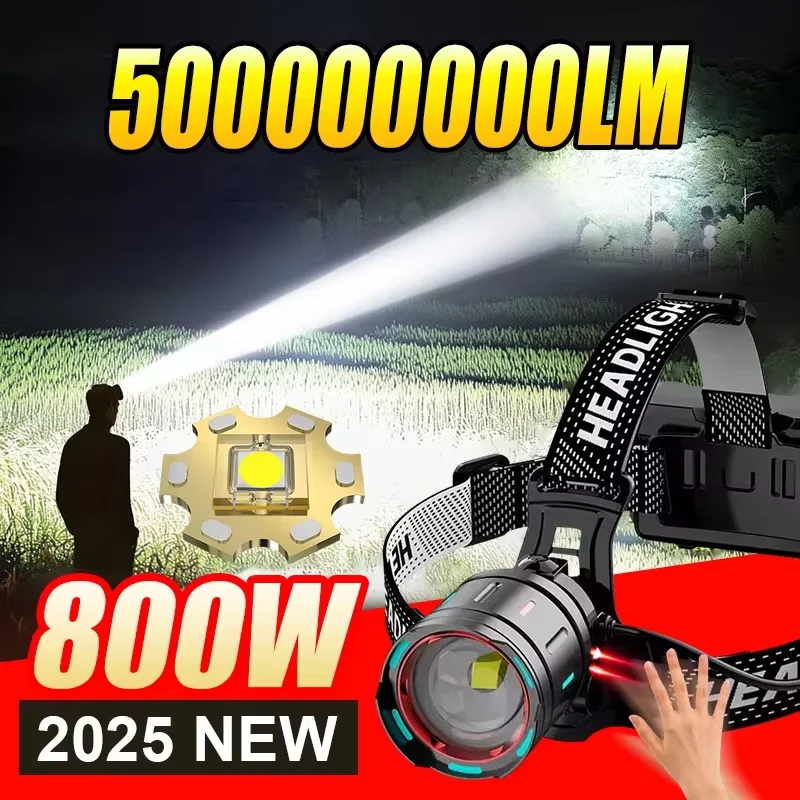 5000000 LM 강력한 전조등 800W Led 센서 헤드 손전등 장거리 헤드 라이트 18650 충전식 헤드 랜턴 낚시 캠핑