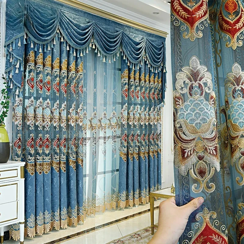 Custom  Size！！European Luxury Thickened Chenille Blackout Hollow Embroidered Elegant Curtains for Living Dining Room Bedroom