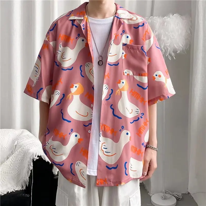 Zomer Hawaiiaanse Shirts Voor Mannen Hip Hop Heren Japanse Geisha Grappig Gedrukt Wit Roze Shirts Mannen Koreaanse Casual Holiday Tops Shirt