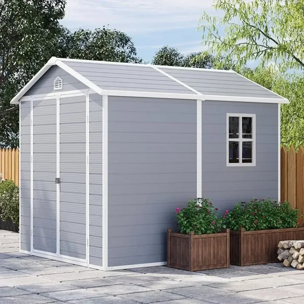 6 x 8 FT Outdoor Storage Shed, Resin Storage Shed with Floor & Lockable & Window Door for Patio Furniture, Bicycle, Grey & White