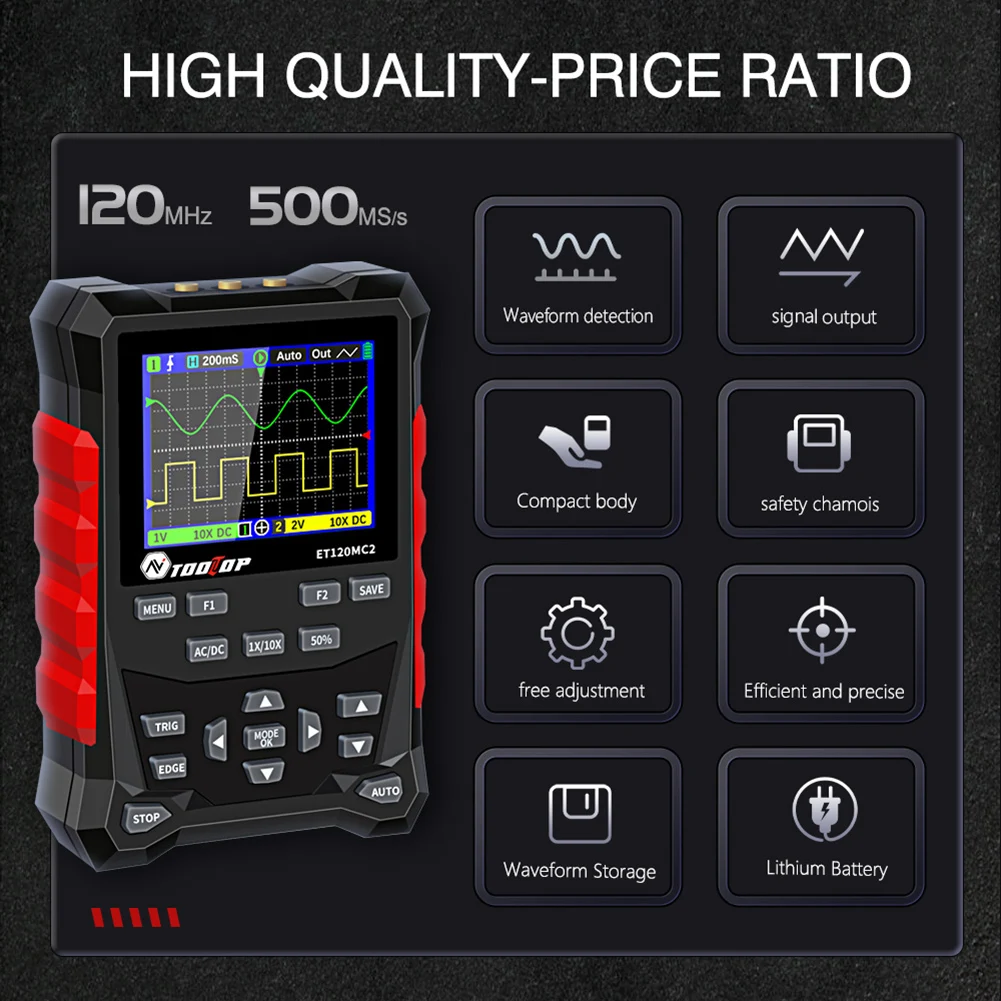 Digital Oscilloscope 500MS/S Sampling Rate Handheld Oscilloscope Signal Generator 120MHz Bandwidth 1Ch 70MHZ 2Ch 40MHZ