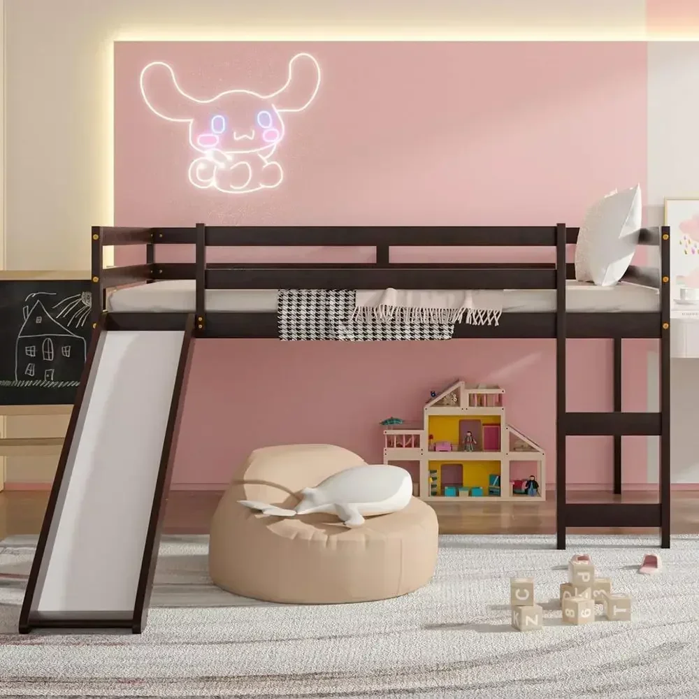 Twin Lot Bed with Slide, Low Loft Bed with Stairs, Solid Wood Twin Loft Bed with Climbing Ladders, Guard Rails & Slat Support