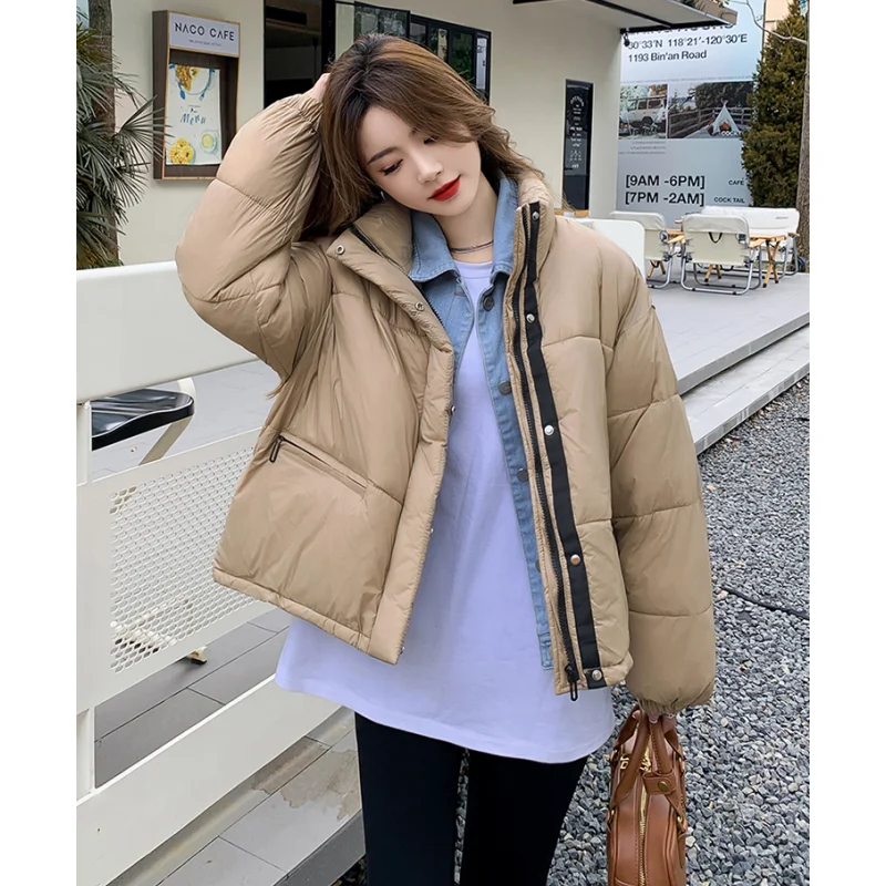 Women Khaki Down Jacket Coat Fake Two Pieces Fashion Stand Collar Streetwear Windproof Duck Down Feather Female Winter Outwear