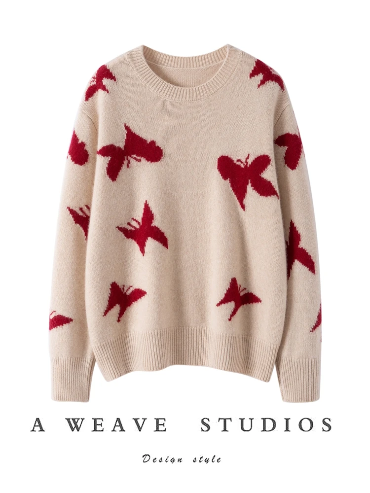 Chic Autumn Winter Women's 100% Cashmere Sweater O-neck Long Sleeve Pullover Thickened Cashmere Knit Jumper Casual Clothes Tops