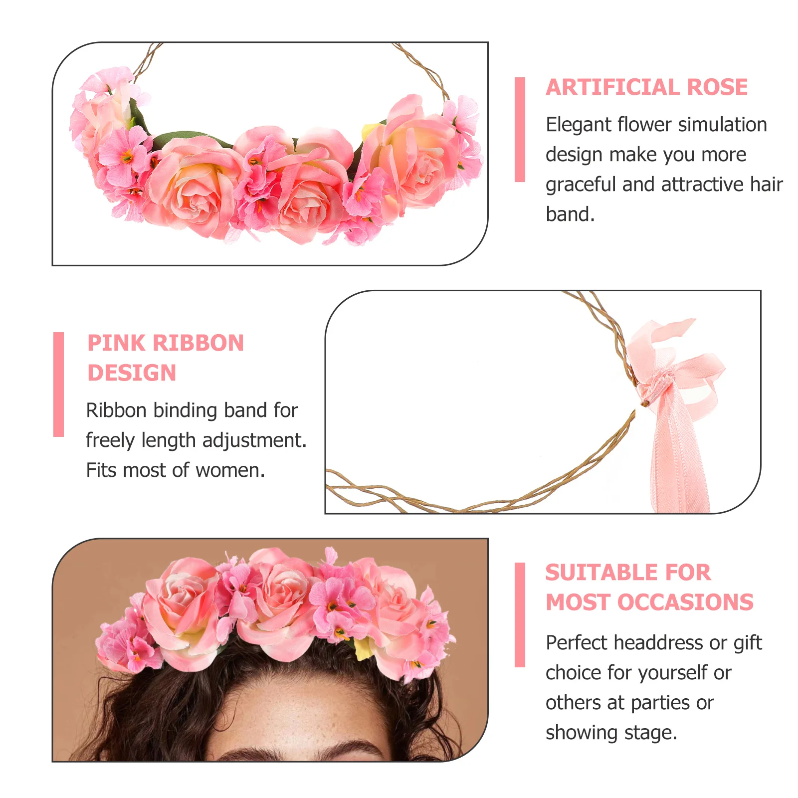 

Pink Rose Flower Headband Smooth Texture Adjustable Ribbon Party Wedding Engagement Celebration Accessory Flower Headband