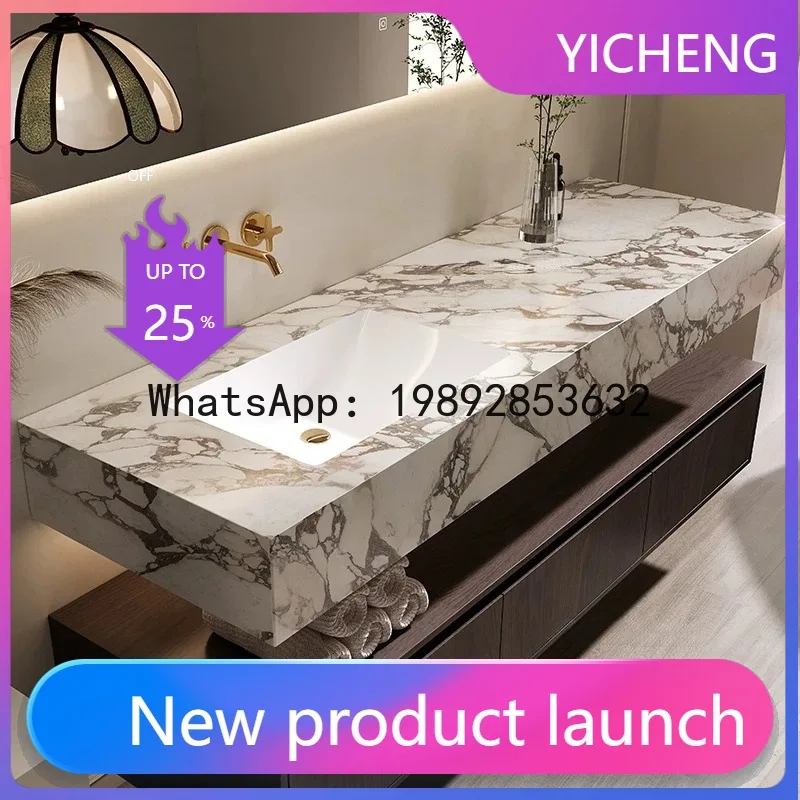 

Hys hotel solid wood bathroom vanity with rock slab ceramic seamless integrated basin for bathroom washbasin