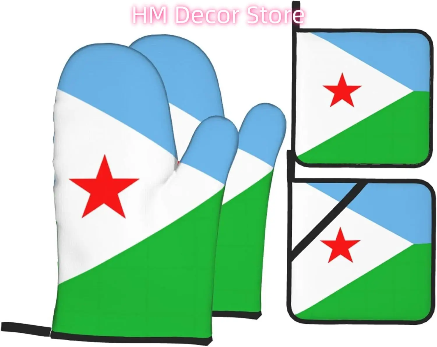 Djibouti Flag Oven Mitts and Pot Holders Sets of 4, National Flag Heat Resistant Oven Mitts - Non-Slip Cooking Gloves for Kitche