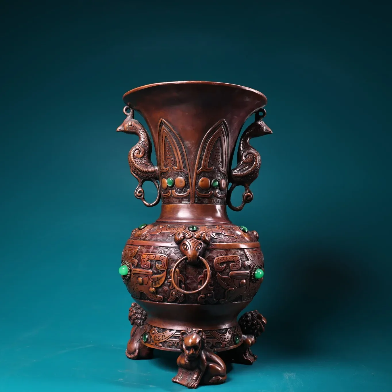 

9"Old Xizang Folk Collection Old Bronze Gilded Mosaic Gem Four sided Lion Phoenix Ear Vase Amass wealth Ornaments Town house