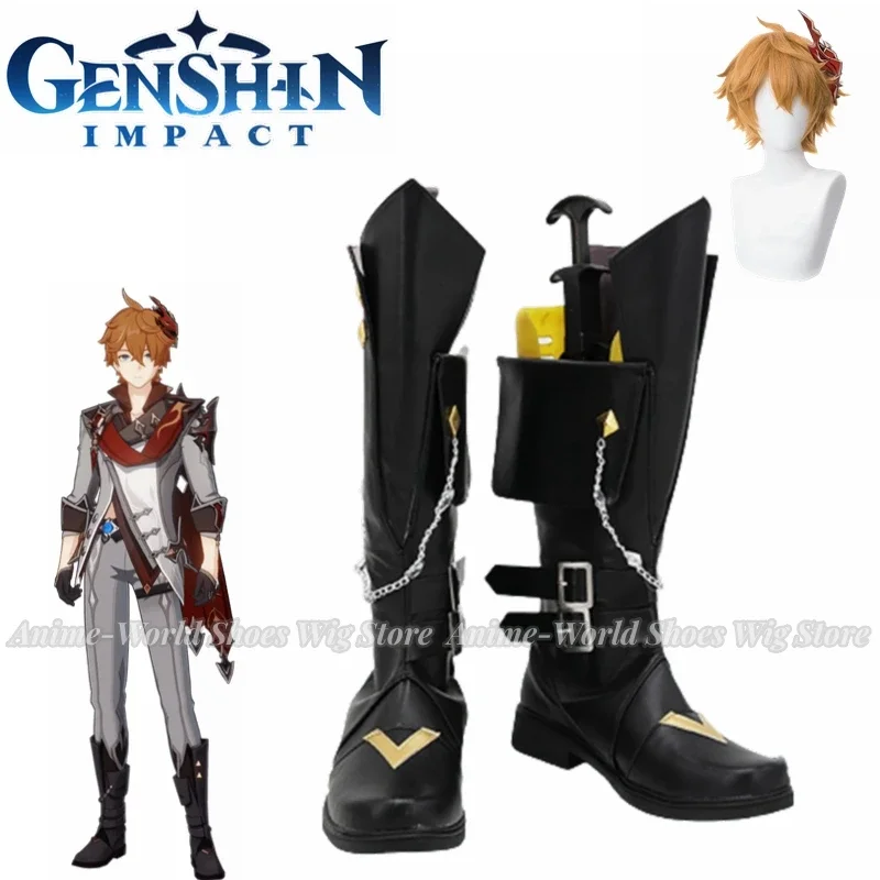 Genshin Impact Tartaglia Cosplay Boots Childe Black Shoes Cosplay Custom Made Any Size Wig for Unisex