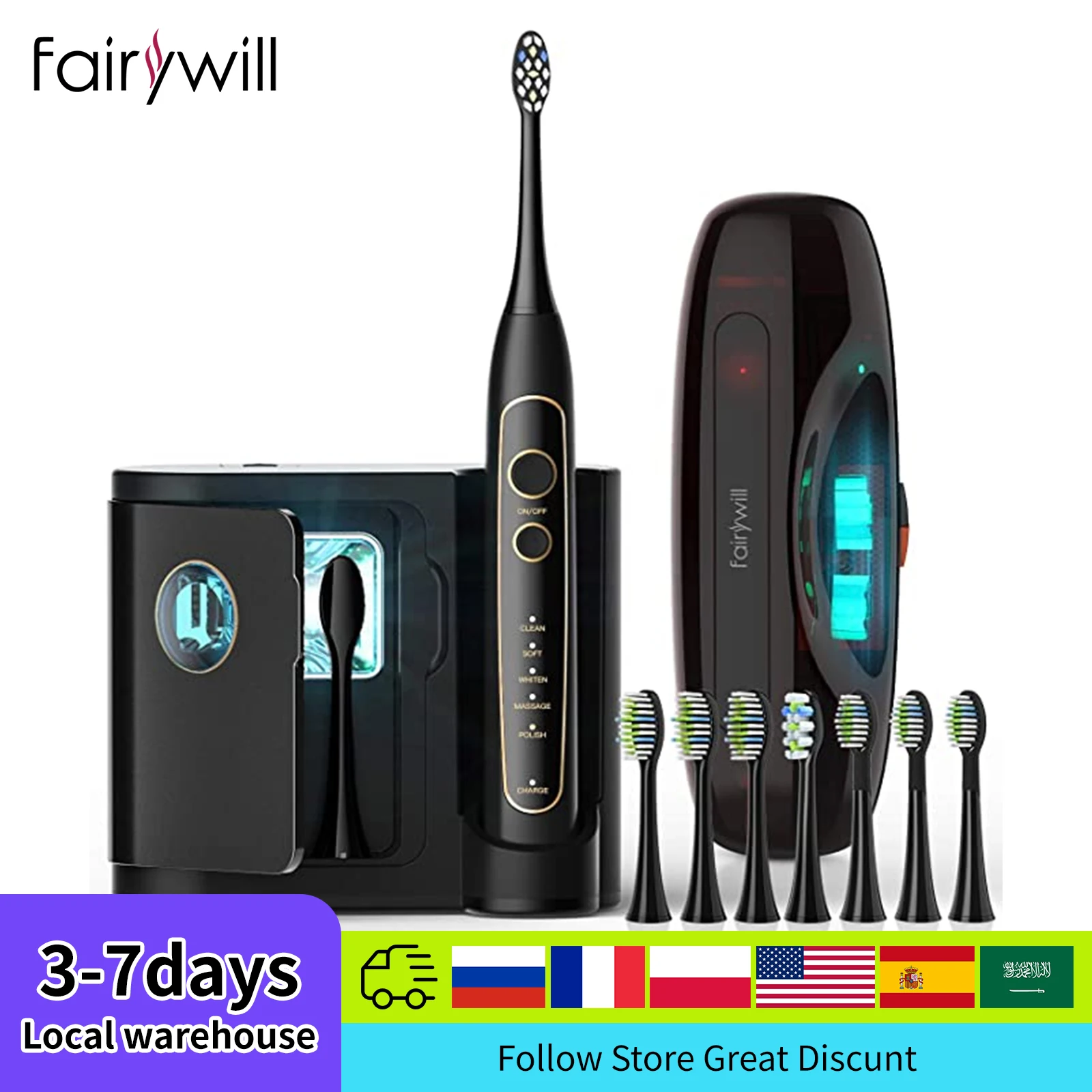 Fairywill Electric Sonic Toothbrush FW-2056 High-Technology Ultrasonic Professional Replacement 8Brush Heads Travel Case US PLUG