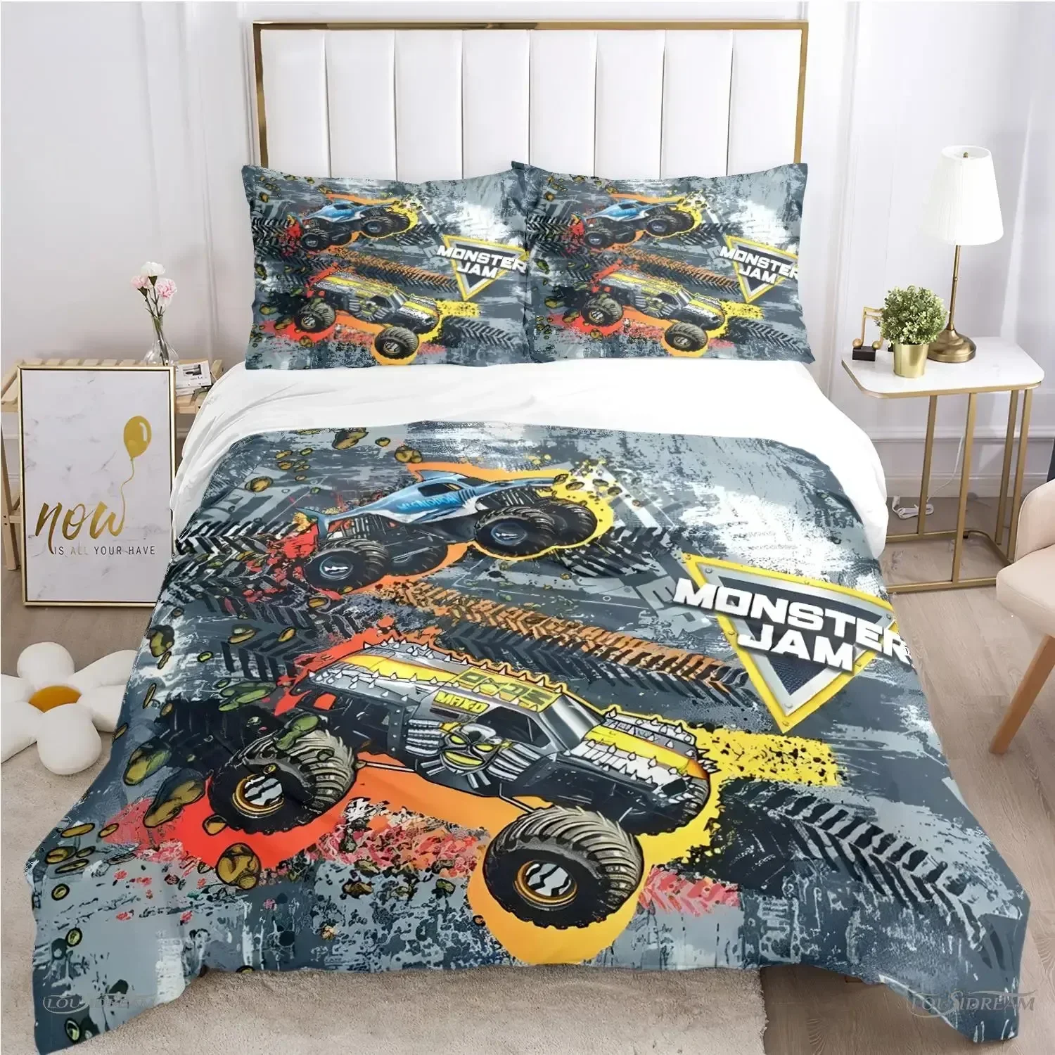 Set Seprai Selimut Penutup Selimut Semua Musim Monster Truck Kartun Penutup Selimut Lembut dan Sarung Bantal SingleDoubleQueenKing