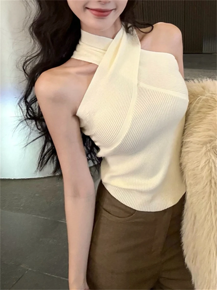 PLAMTEE Sexy Hot Girls Women Camis New Knitted Daily 2025 Tank Tops Bottoming Sweet Off Shoulders Halter Casual Gentle Spring