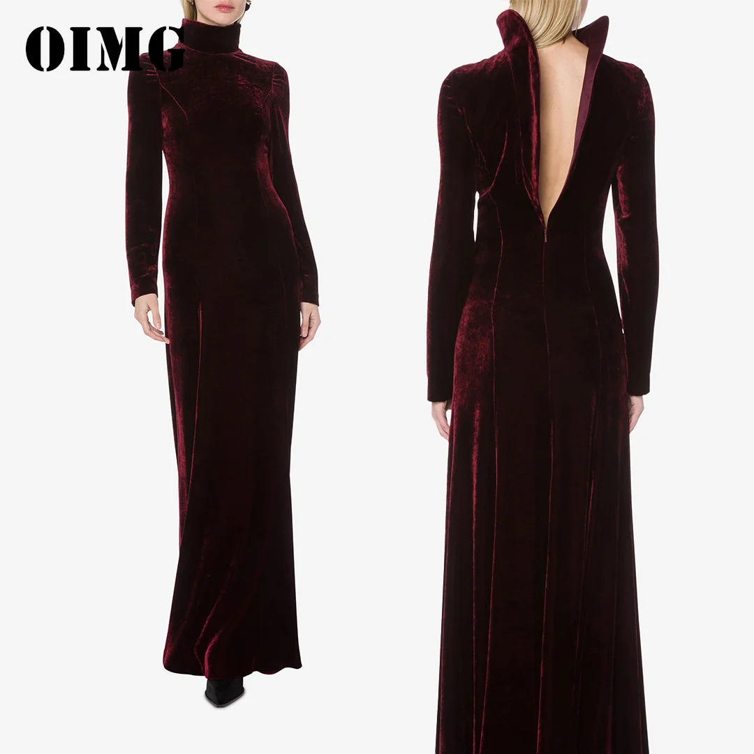 

OIMG New Design High Neck Prom Dresses Long Sleeves Saudi Arabic Velvet Mermaid Burgundy Women Evening Gowns Formal Party Dress