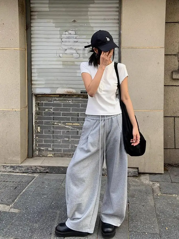 ay American Sle Pantaloni a gamba larga pigri Pantaloni casual drappeggiati larghi da donna Pendolari Sle Cintura elastica a vita alta