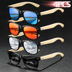 4PCS Fashion Square Unisex Bamboo Wood Vintage Sunglasses For Men Women Driving Fishing Brand Designer Sun Glasses Man