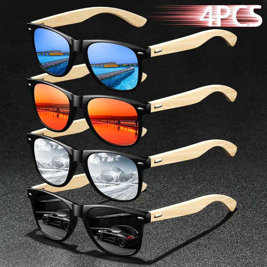 4 PCS Fashion Square Unisex Bamboo Wood Vintage Sunglasses For Men Women Driving Fishing Brand Designer Sun Glasses Man UV400