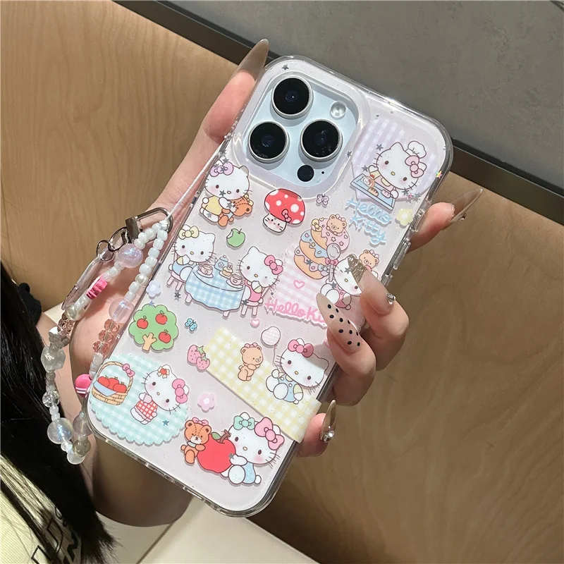 ハローキティ きのこ型 可愛いスマホケース iPhone 16 Pro 15 14 Pro Max用 チェーン付き カワイイ漫画風ケース