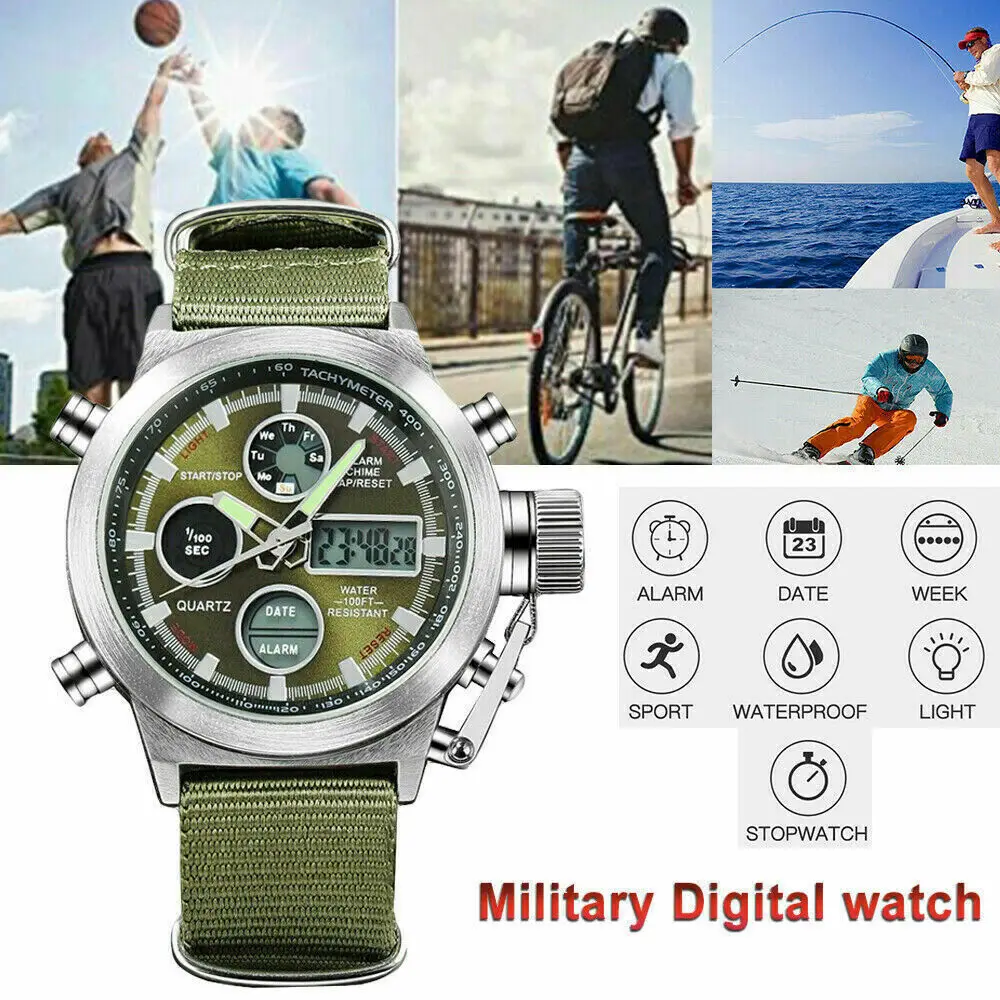 Men Military Wrist Watch Army Green Analog Digital Quartz Nylon Canvas Green Strap Watch