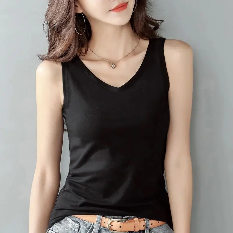 

Summer New Slim Simplicity Tanks Sleeveless V Neck Solid Color All-match Plus Size T Shirt Tops Casual Fashion Women Clothing