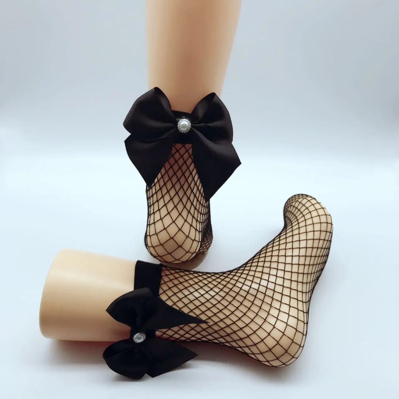Black Hollow Fishnet Ankle Socks Cute Bow Decor Women Short Mesh Hosiery