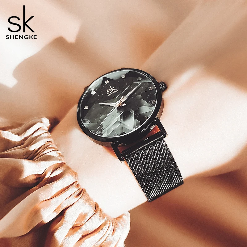 shengke New Women Watches Romantic Flower Cutting Dial High Quality Black Mesh Band Lady Watches Relogio Feminino Gift For Love