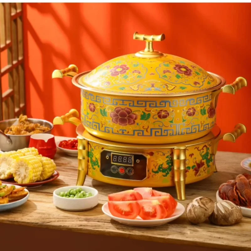Olla de Cobre Cloisonné de Doble Capa para Hot Pot de Cordero al Estilo Pekinés, Olla Caliente Comercial Instantánea, Plato Calentador de Latón Antiguo con Enchufe
