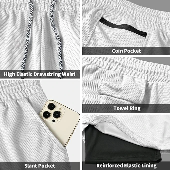 Shorts esportivos com tema Dragon Ball – duas peças, cordão elástico, bolso para moedas, alça para toalha, bolsos inclinados, forro reforçado