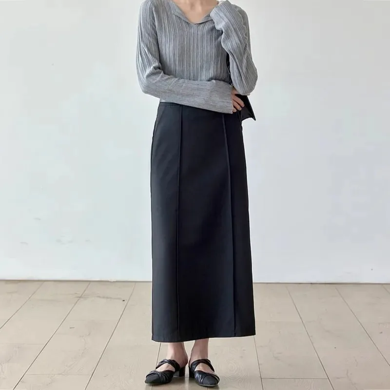 Womens High Waist Suit Fabric Straight A Line Midi Skirt With Belt Split Hem Office Casual
