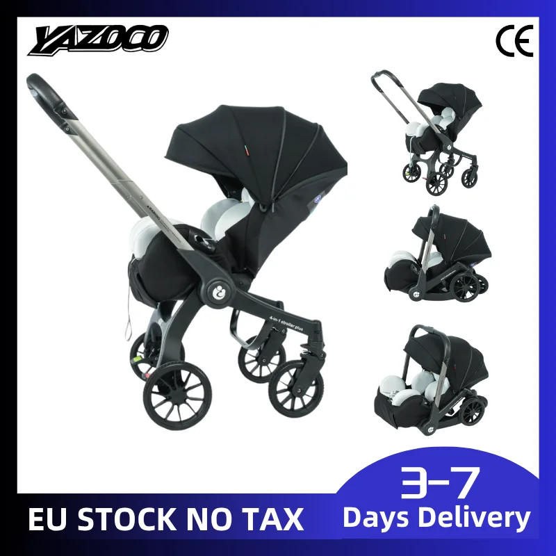 Poussette 4-en-1 pour nouveau-né avec siège auto pour bébé et siège pour enfant, position d'assise réglable, cadre léger en aluminium aérospatial, siège d'été en maille respirante, pliage à une main, poussette de voyage peu encombrante.