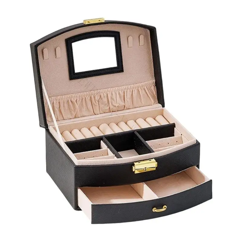 R7UF Two-Level Jewelry Storage Box with Ring Rolls and Lower Drawer