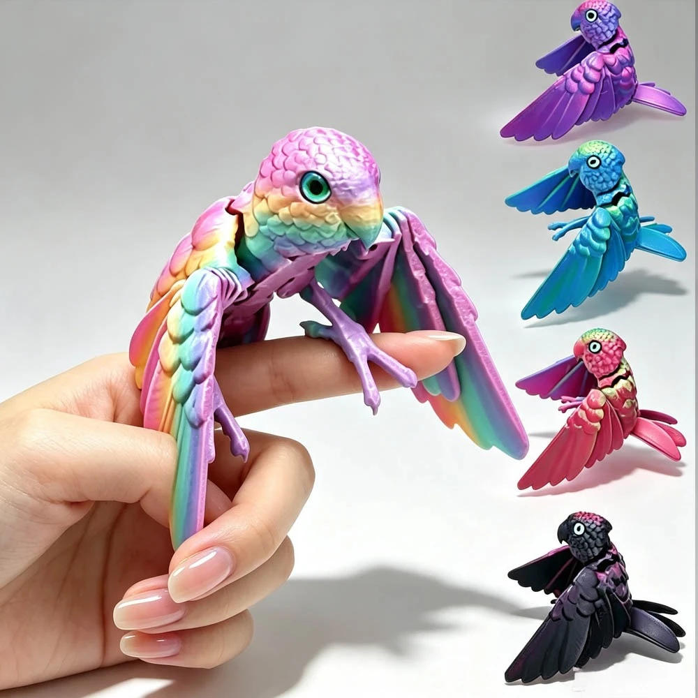 3D Printed Parrot Model Flexible Animal Statue Bird with Wings Moveable Joints Home Decoration Autism ADHD Gift Desktop Ornament