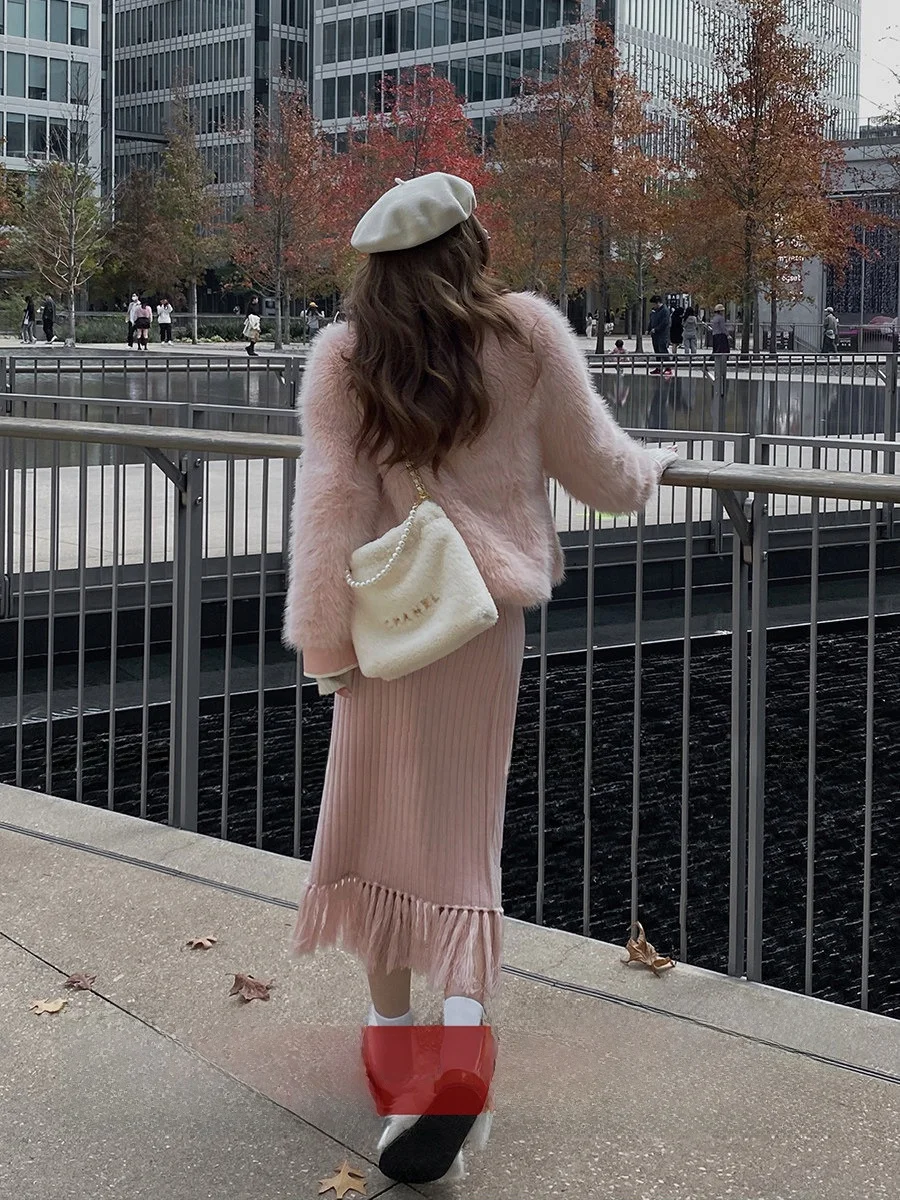 

Эластичная вязаная юбка с бахромой для женщин, зимняя, с высокой талией, в корейском стиле, с запахом, средней длины