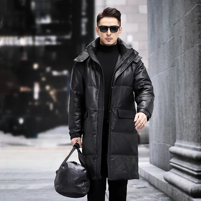 

Men's Leather Down Coat, Mid Length, Hooded, Sheepskin, Thick Warm Jacket, Large Size Outerwear, Business Male Coat, Winter