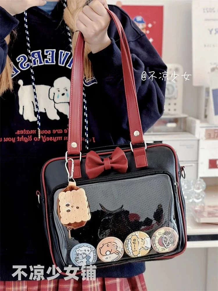 

Japanese Style Kawaii PU Leather Itabag Women Transparent Pocket Bowknot Lolita Shoulder Bag Tote Handbags Women Ita Bag JK Girl
