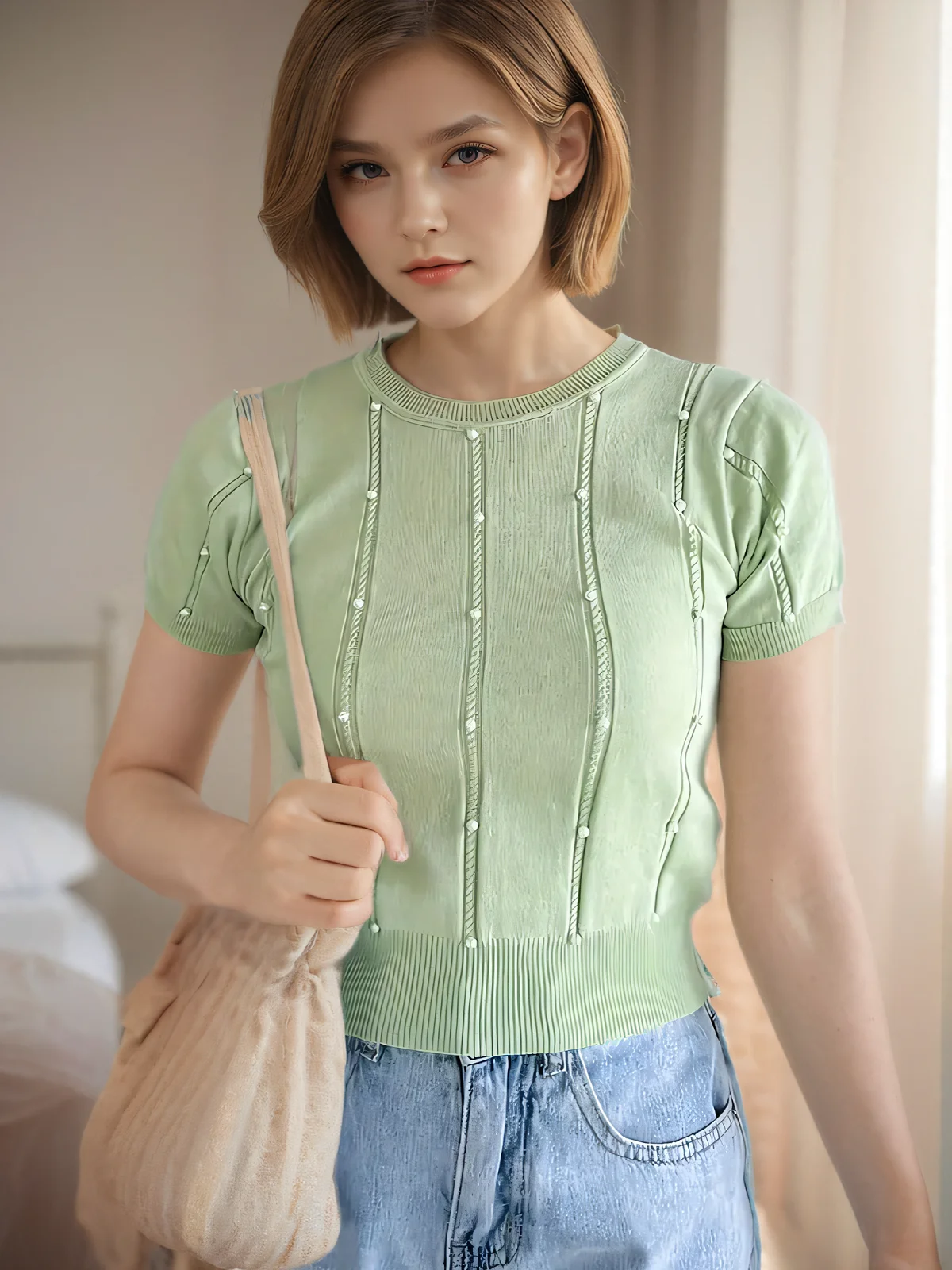 Women Sweater Beaded Short Sleeve Pullover Stylish Spring Summer Soft Breathable Lightweight Comfortable Casual Wear Clothing