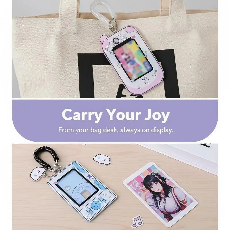 Cute Camera Shaped Transparent Acrylic Photocard Holder with Coil Lanyard for Kpop Photocard Student School ID Card